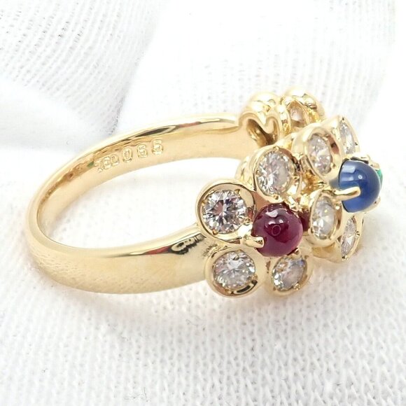 Rare! Authentic Christian Dior 18k Yellow Gold Ruby Emerald Diamond Flower Ring - Picture 8 of 12